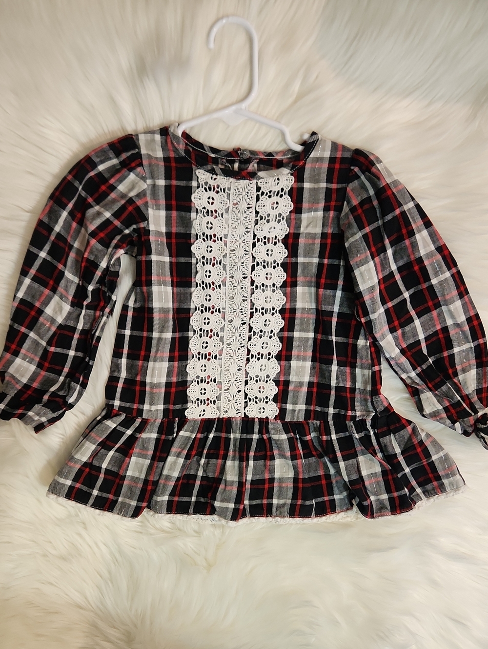 Girls Black & Red Plaid Lace-Trim Peplum Top - Girls Size 4